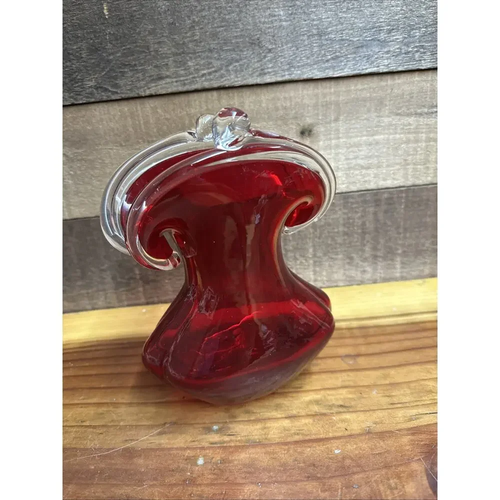 Art Glass Red Coin Purse Vase 7”